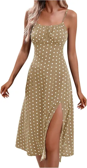 Lastesso Summer Dresses for Women 2024 Spaghetti Strap Tiered Flowy Beach Long Dress Polka Dots Side Split Maxi Sundresses