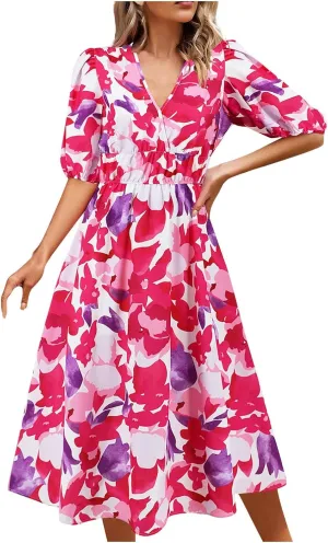 Lastesso Sundresses for Women Floar Print Flowy Maxi Dresses Casual V Neck Short Sleeve Outfits Summer Beach Sun Dresses