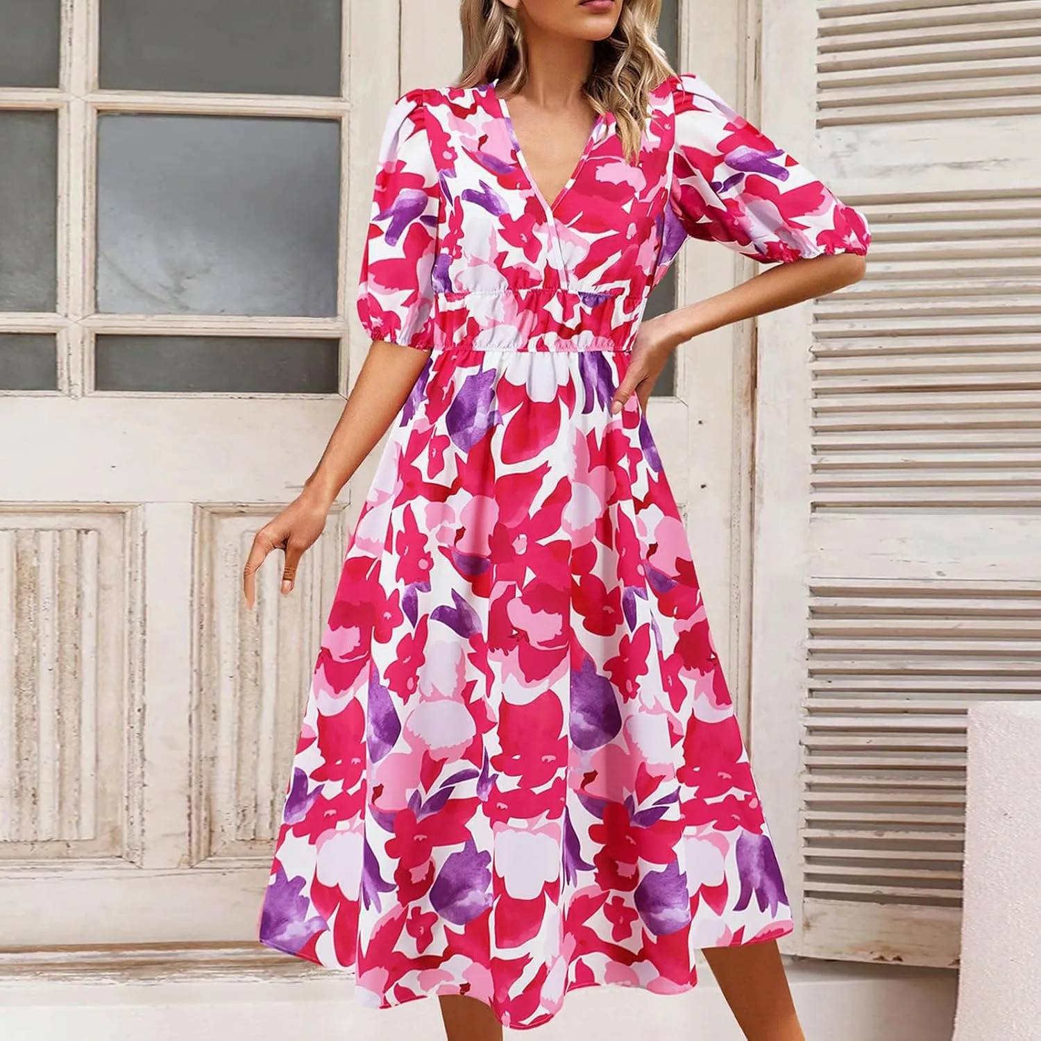 Lastesso Sundresses for Women Floar Print Flowy Maxi Dresses Casual V Neck Short Sleeve Outfits Summer Beach Sun Dresses