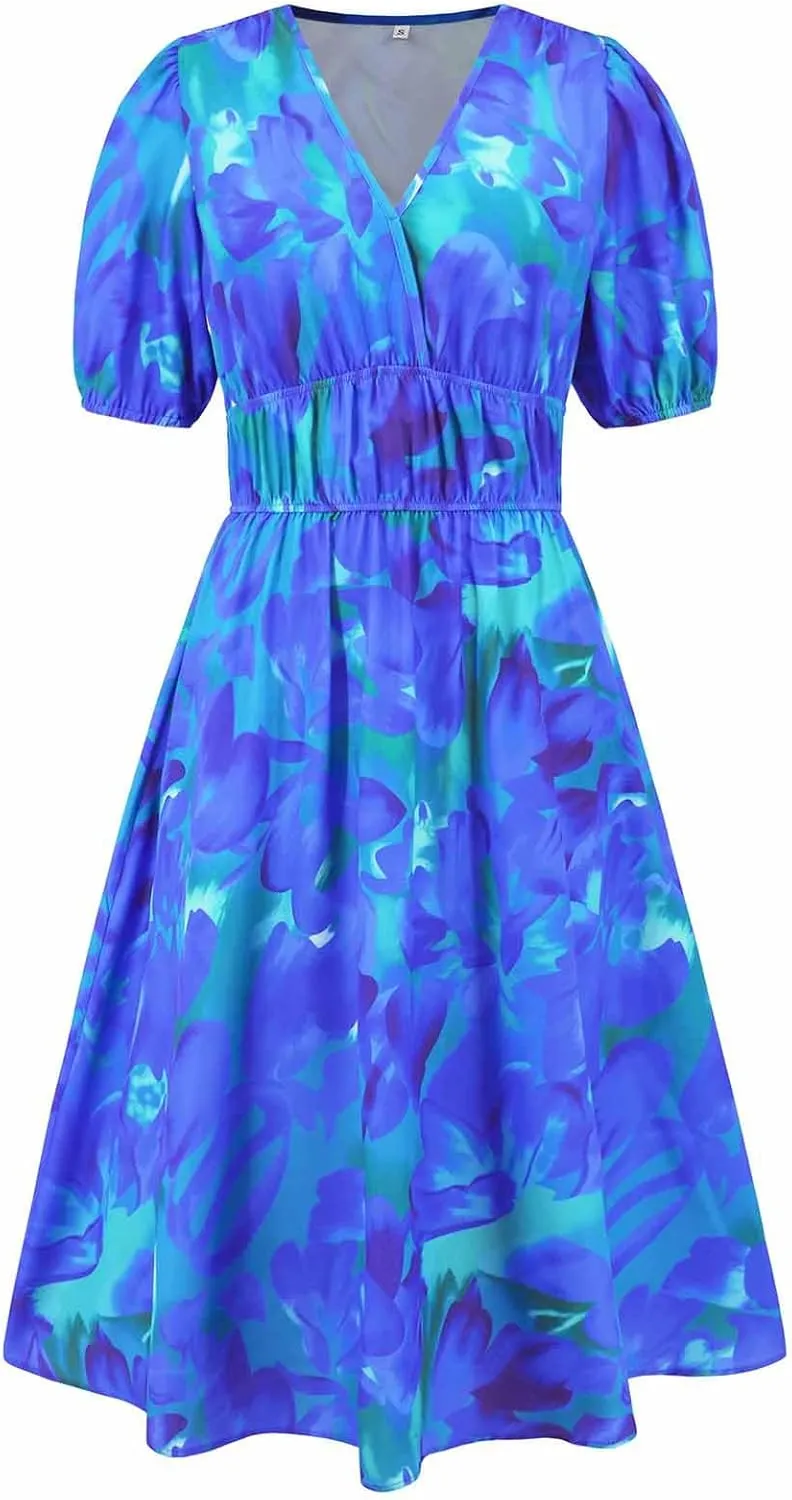 Lastesso Sundresses for Women Floar Print Flowy Maxi Dresses Casual V Neck Short Sleeve Outfits Summer Beach Sun Dresses