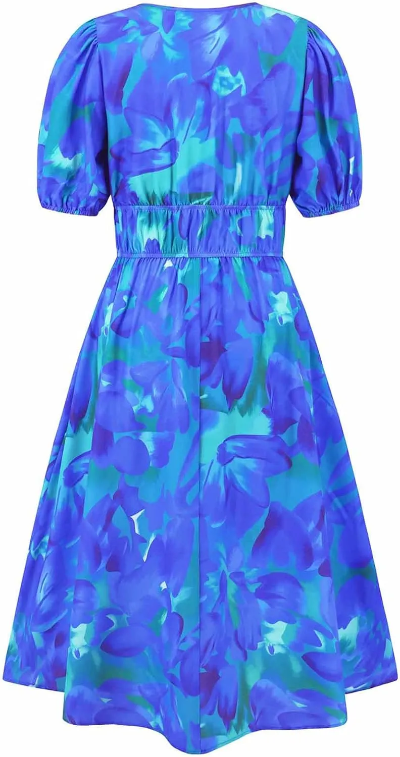 Lastesso Sundresses for Women Floar Print Flowy Maxi Dresses Casual V Neck Short Sleeve Outfits Summer Beach Sun Dresses