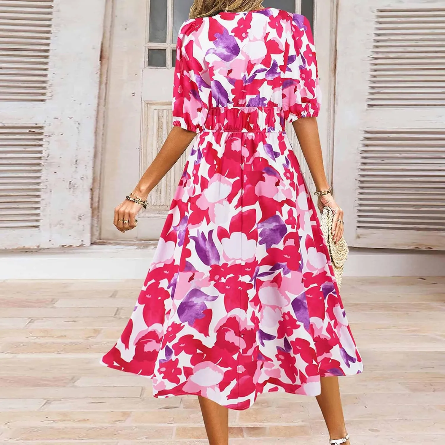 Lastesso Sundresses for Women Floar Print Flowy Maxi Dresses Casual V Neck Short Sleeve Outfits Summer Beach Sun Dresses