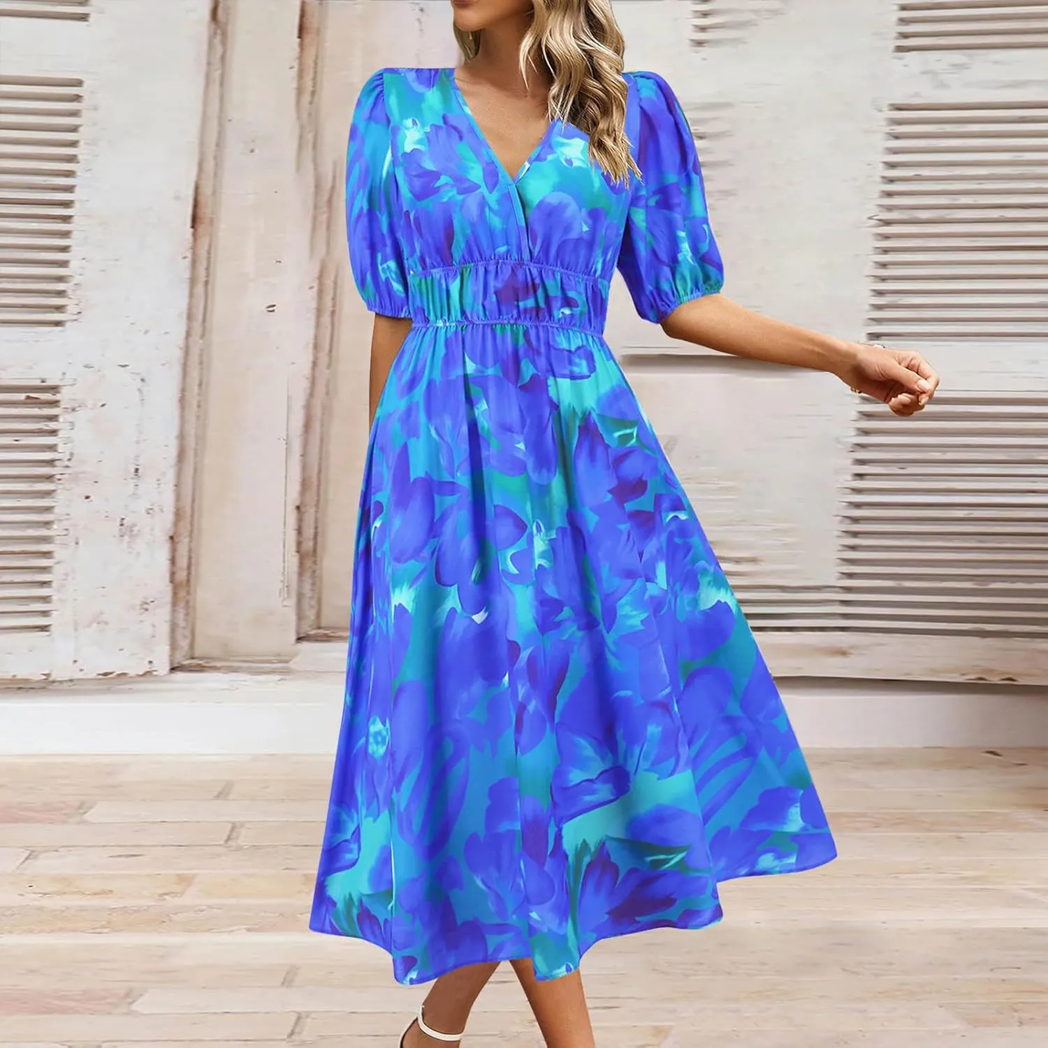 Lastesso Sundresses for Women Floar Print Flowy Maxi Dresses Casual V Neck Short Sleeve Outfits Summer Beach Sun Dresses