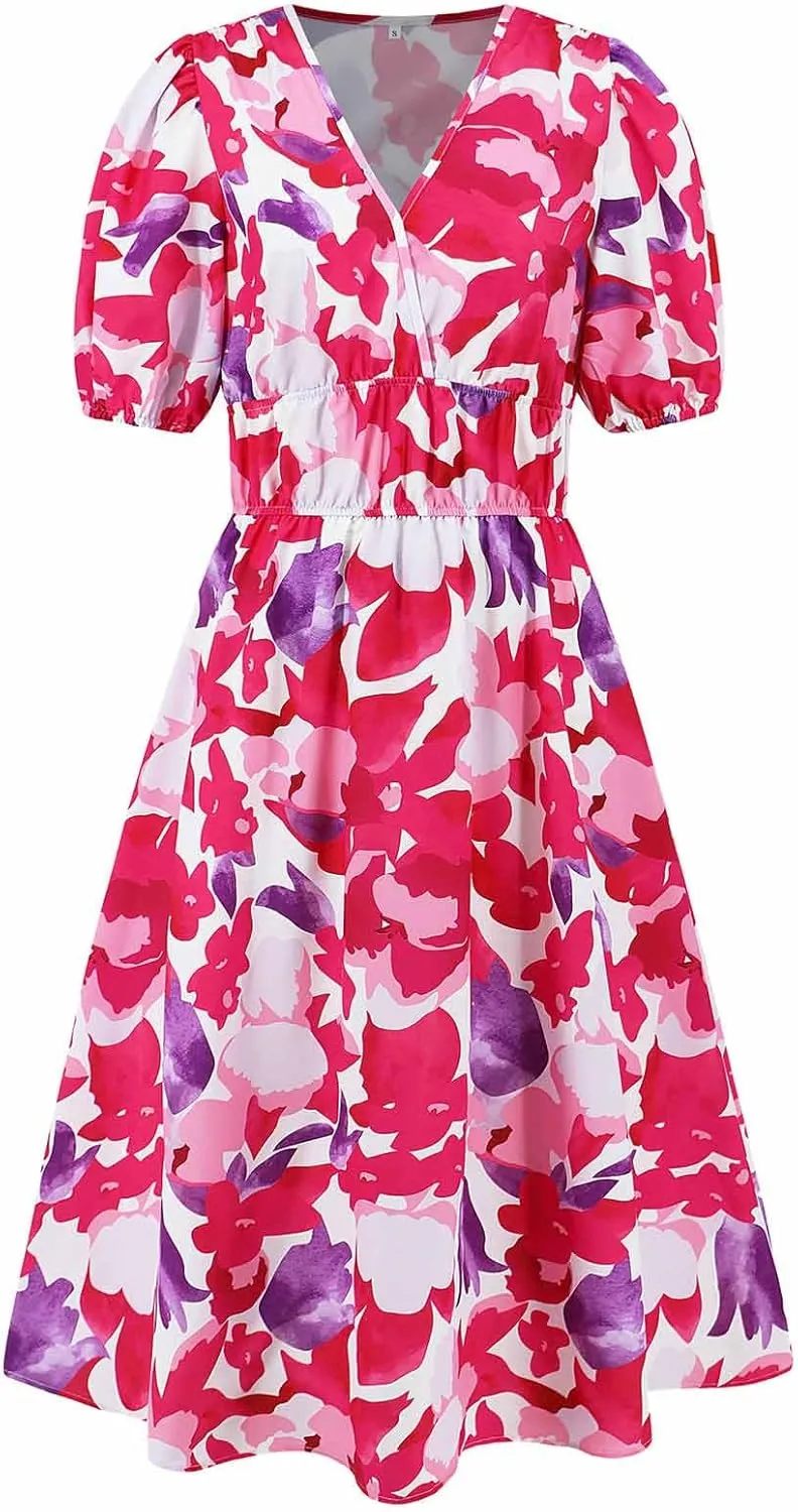 Lastesso Sundresses for Women Floar Print Flowy Maxi Dresses Casual V Neck Short Sleeve Outfits Summer Beach Sun Dresses