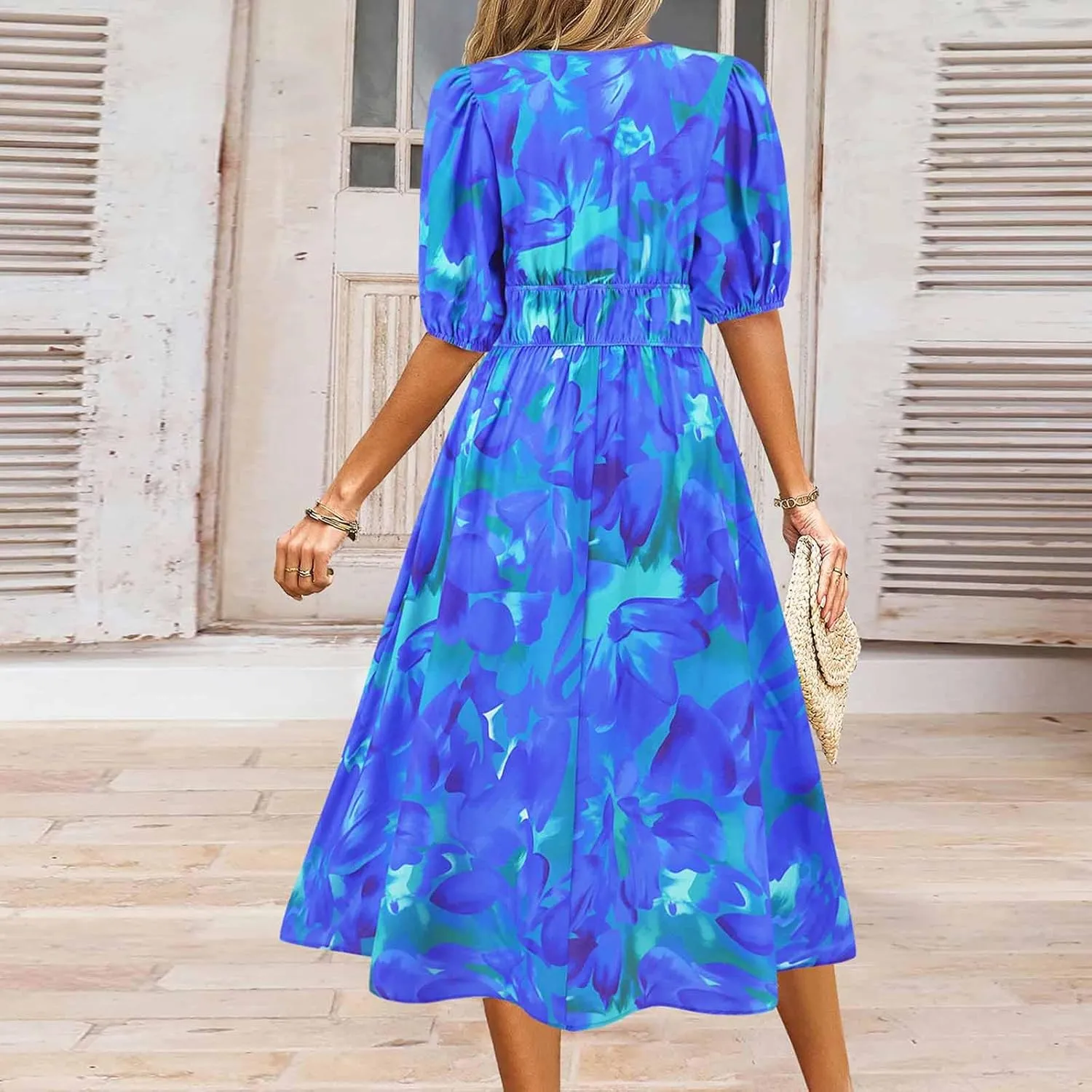 Lastesso Sundresses for Women Floar Print Flowy Maxi Dresses Casual V Neck Short Sleeve Outfits Summer Beach Sun Dresses