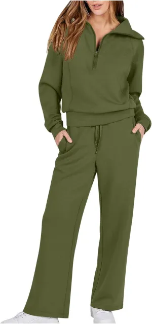 Lastesso Two Piece Loungewear Sets for Women 1/4 Zip Neck Loose Long Sleeve Sweatshirts Wid Leg Pants Trendy Sweatsuits Sets