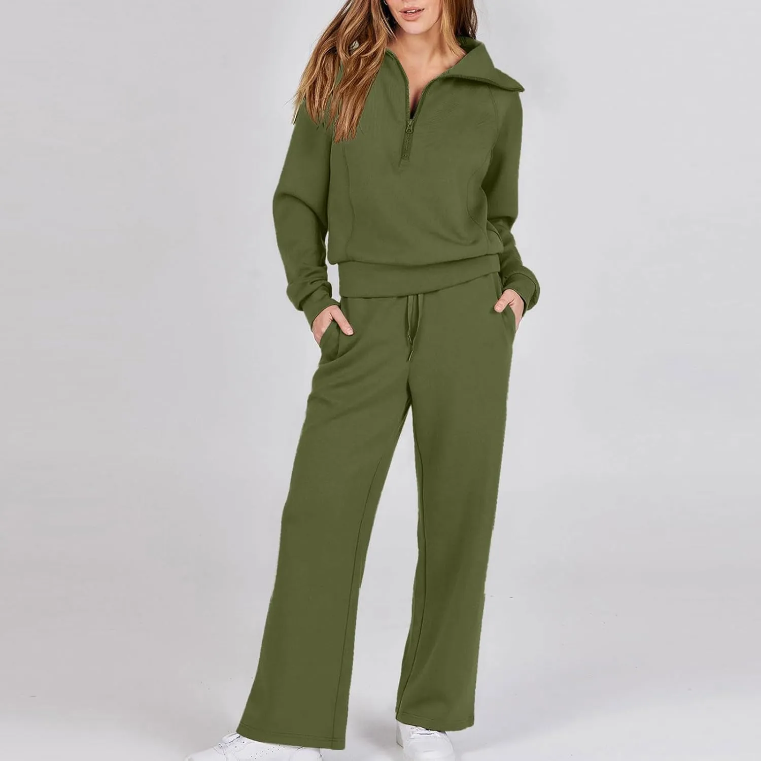Lastesso Two Piece Loungewear Sets for Women 1/4 Zip Neck Loose Long Sleeve Sweatshirts Wid Leg Pants Trendy Sweatsuits Sets