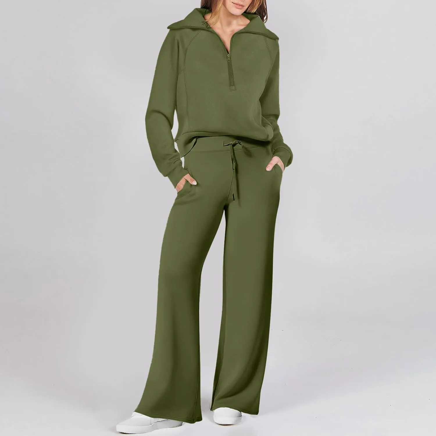 Lastesso Two Piece Loungewear Sets for Women 1/4 Zip Neck Loose Long Sleeve Sweatshirts Wid Leg Pants Trendy Sweatsuits Sets