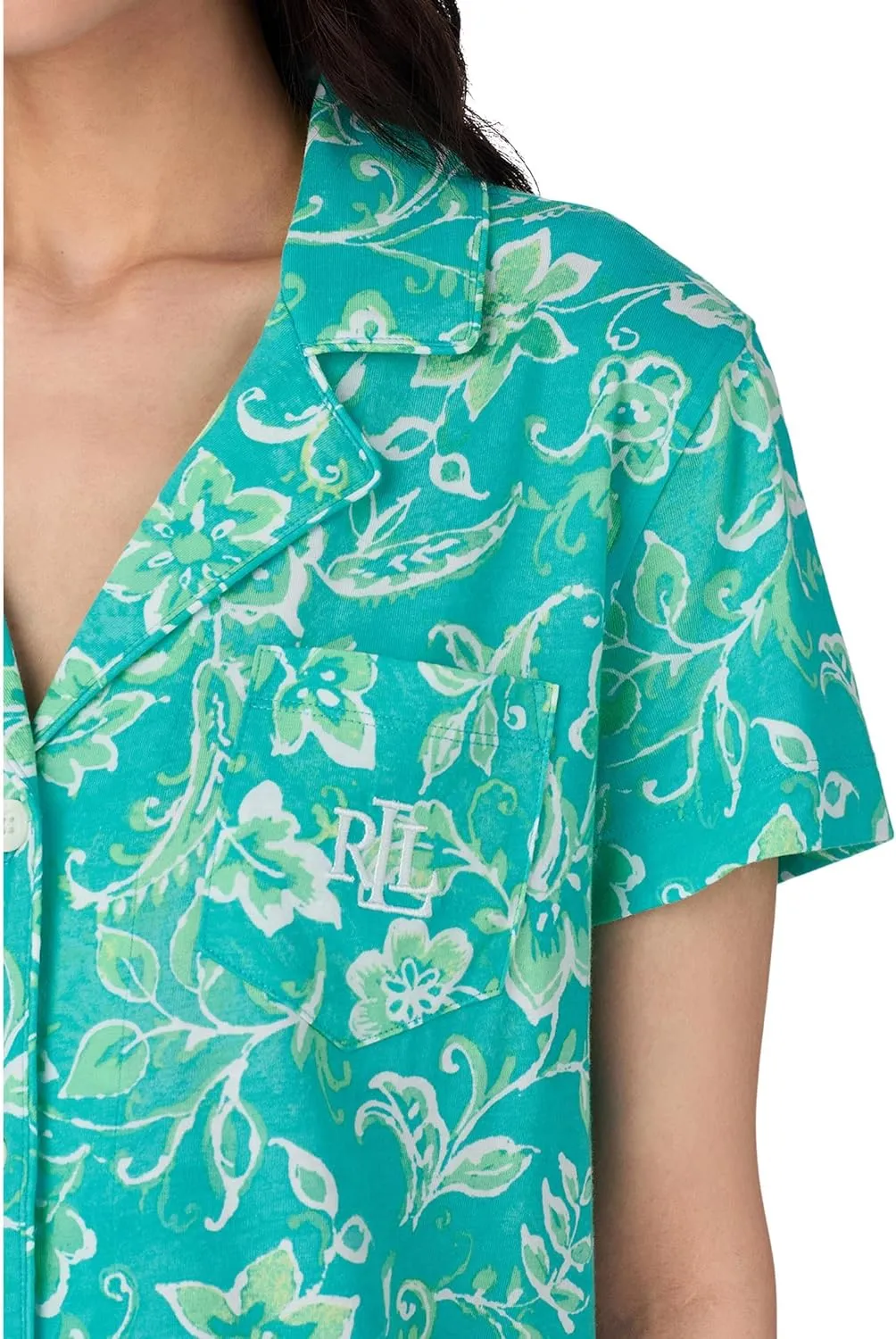 Lauren Ralph Lauren Women's Short Sleeve Notch Collar Cropped Pant Pajama Set