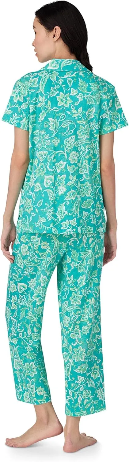 Lauren Ralph Lauren Women's Short Sleeve Notch Collar Cropped Pant Pajama Set