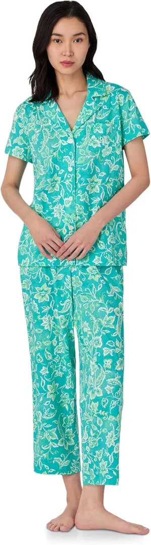Lauren Ralph Lauren Women's Short Sleeve Notch Collar Cropped Pant Pajama Set