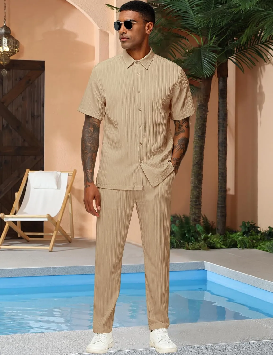 LecGee Men's 2 Piece Vertical Striped Textured Outfits Summer Casual Button Down Shirts And Pants Matching Sets