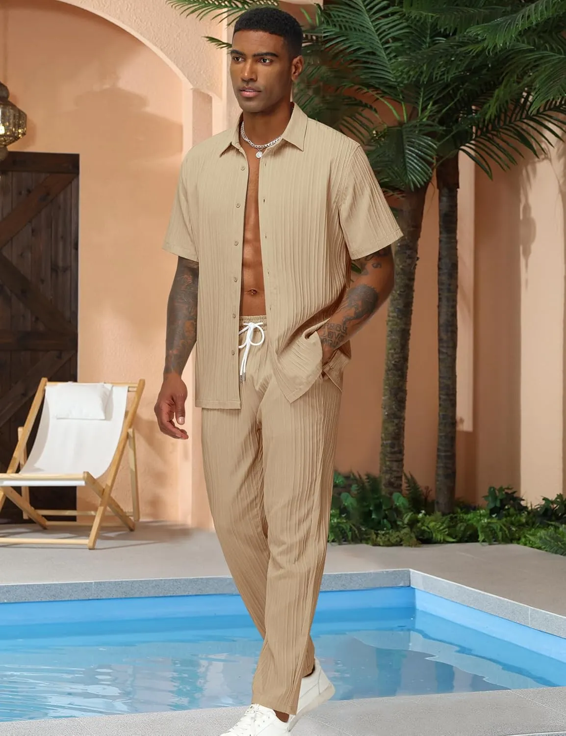 LecGee Men's 2 Piece Vertical Striped Textured Outfits Summer Casual Button Down Shirts And Pants Matching Sets
