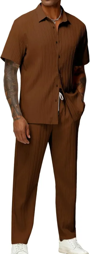 LecGee Men's 2 Piece Vertical Striped Textured Outfits Summer Casual Button Down Shirts And Pants Matching Sets