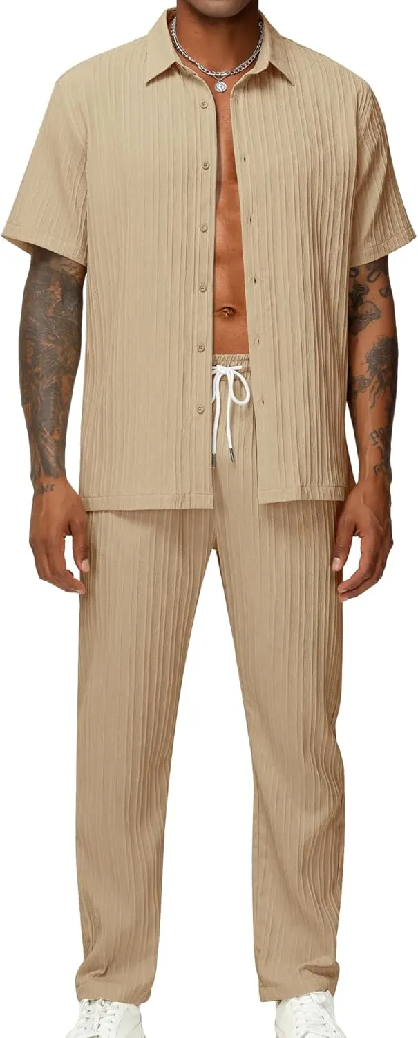 LecGee Men's 2 Piece Vertical Striped Textured Outfits Summer Casual Button Down Shirts And Pants Matching Sets