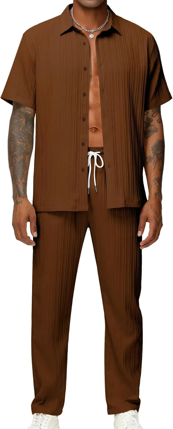 LecGee Men's 2 Piece Vertical Striped Textured Outfits Summer Casual Button Down Shirts And Pants Matching Sets
