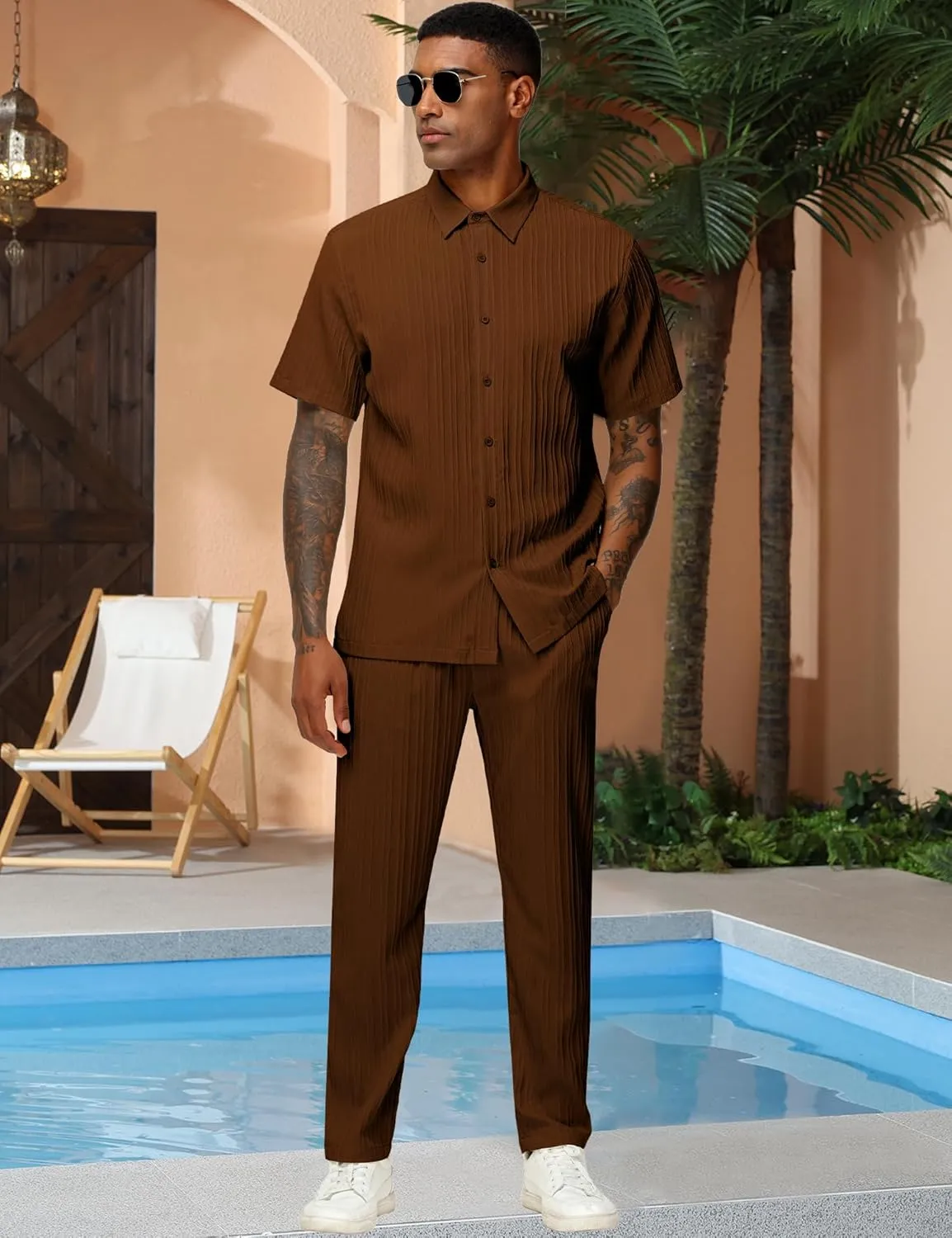 LecGee Men's 2 Piece Vertical Striped Textured Outfits Summer Casual Button Down Shirts And Pants Matching Sets