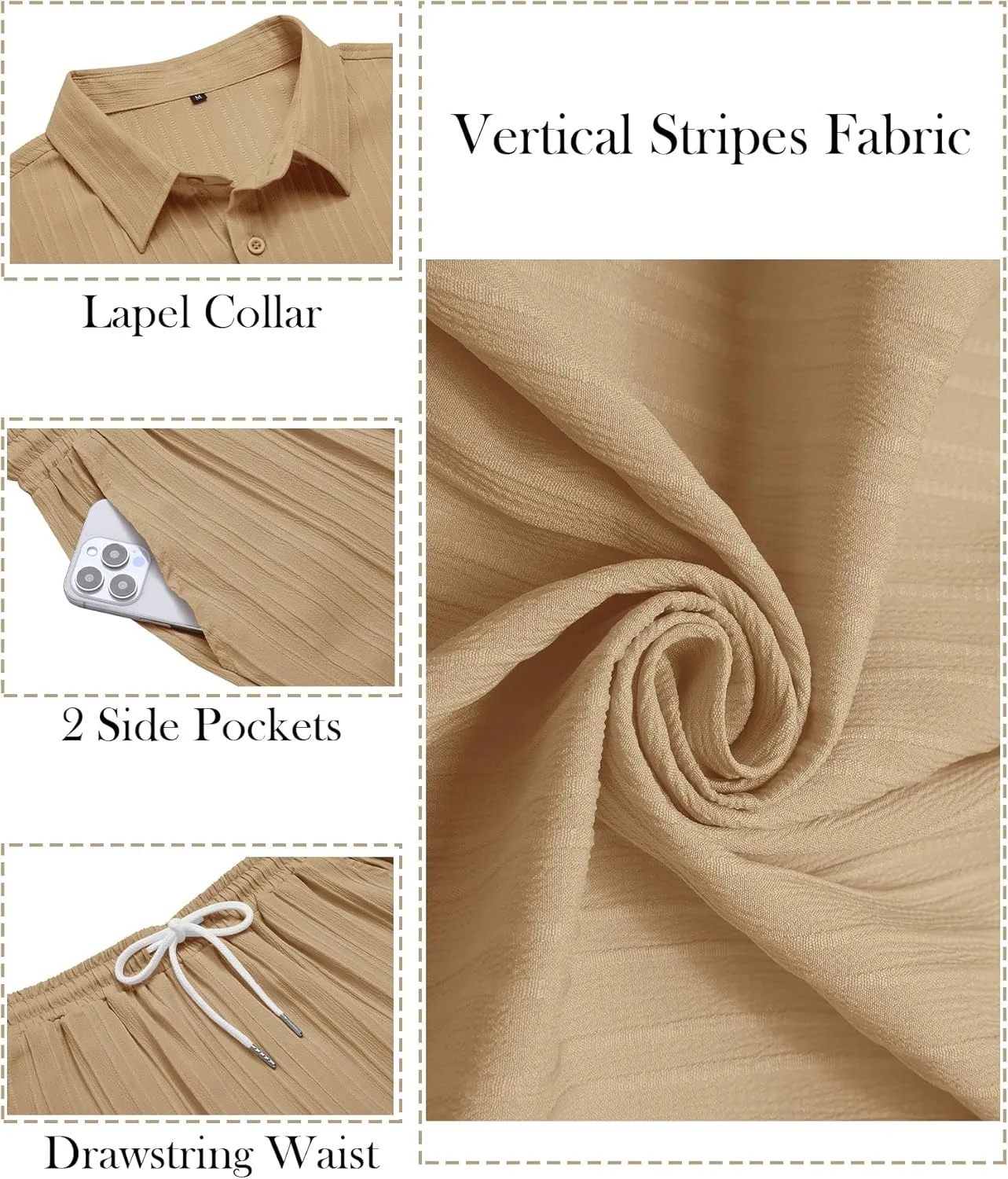 LecGee Men's 2 Piece Vertical Striped Textured Outfits Summer Casual Button Down Shirts And Pants Matching Sets