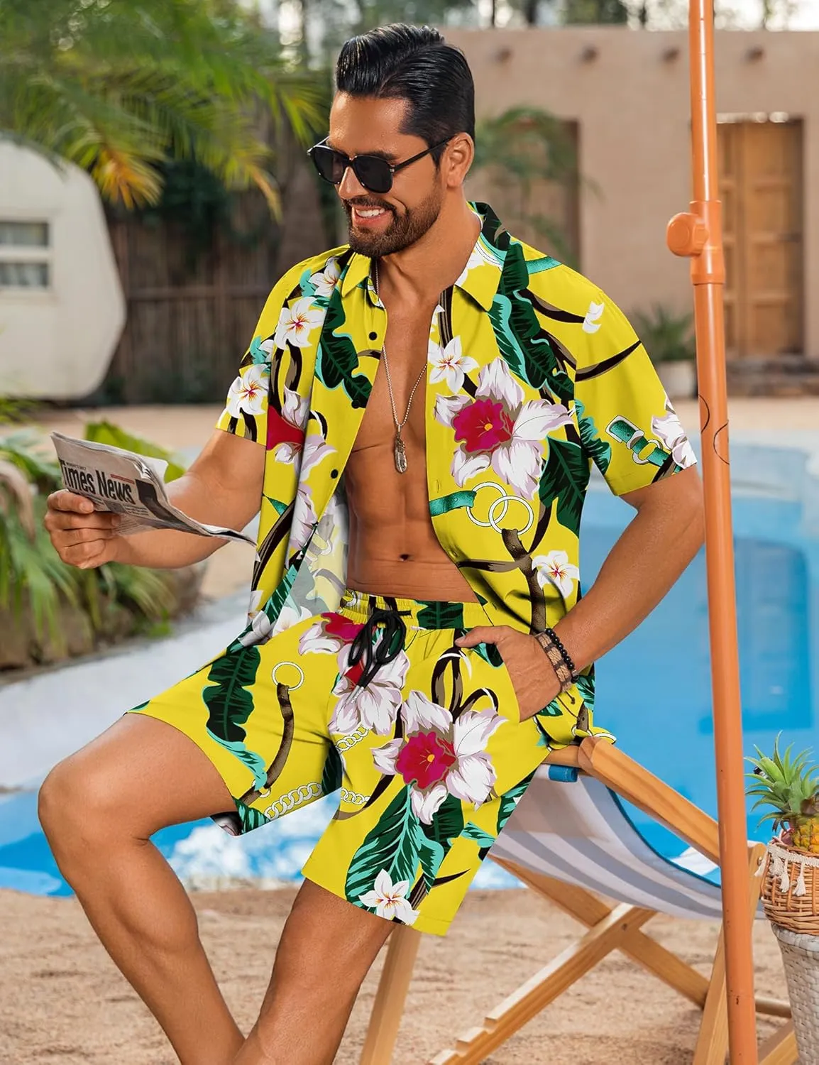 LecGee Men's Hawaiian Shirt Set Summer Hawaii 2 Piece Beach Tropical Button up Top & Shorts Floral Short Sleeve Twin Set