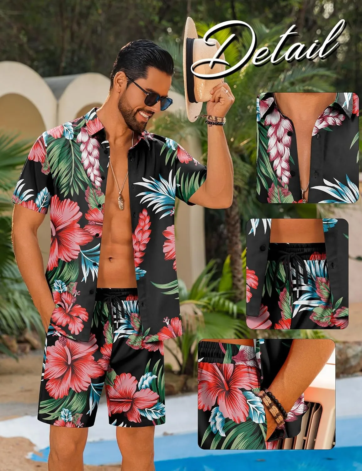 LecGee Men's Hawaiian Shirt Set Summer Hawaii 2 Piece Beach Tropical Button up Top & Shorts Floral Short Sleeve Twin Set