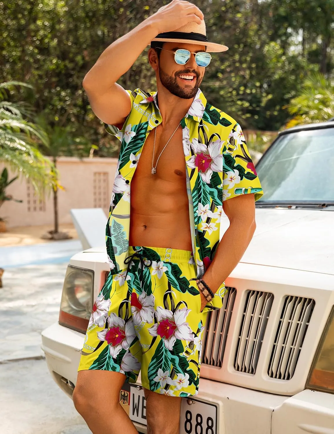 LecGee Men's Hawaiian Shirt Set Summer Hawaii 2 Piece Beach Tropical Button up Top & Shorts Floral Short Sleeve Twin Set