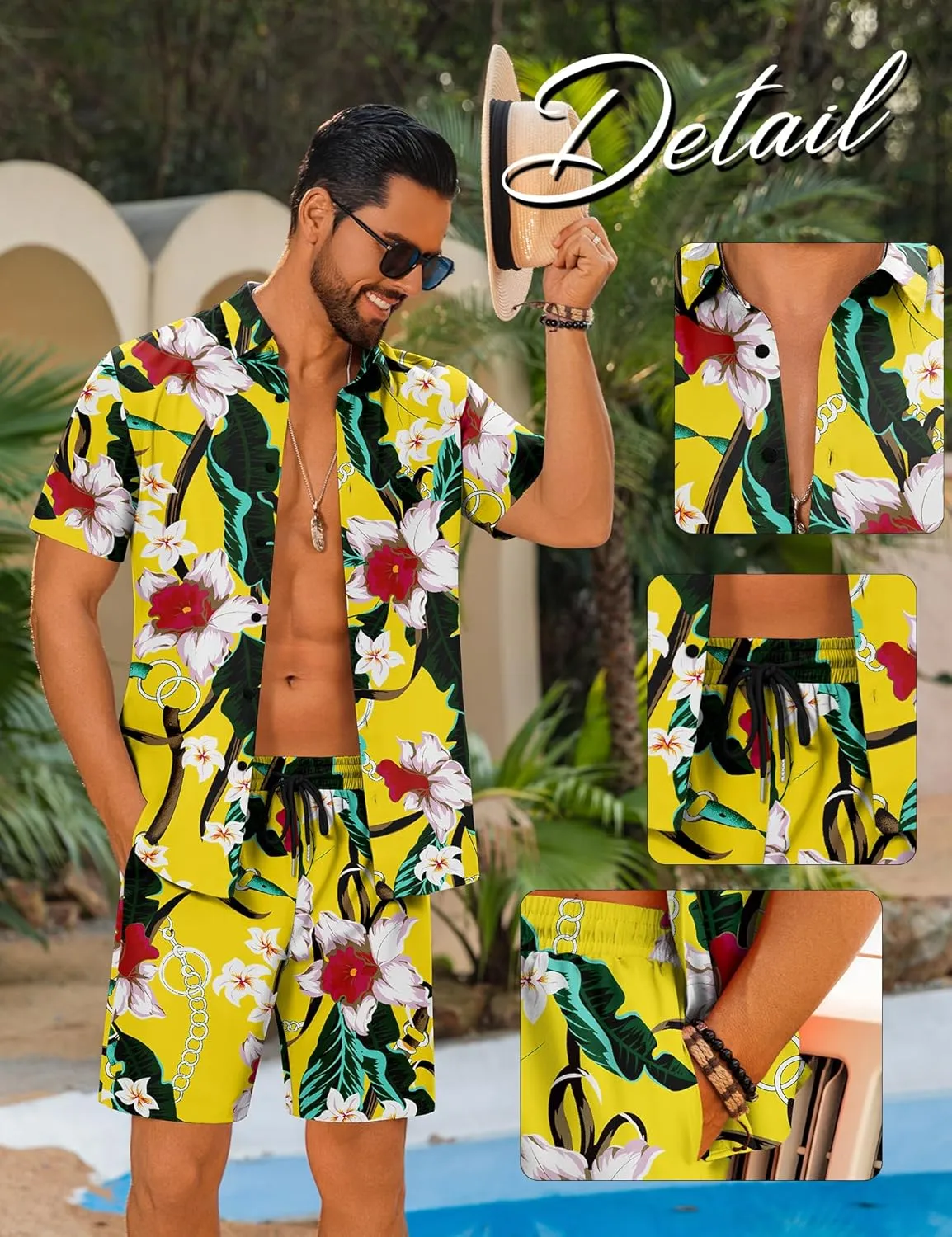 LecGee Men's Hawaiian Shirt Set Summer Hawaii 2 Piece Beach Tropical Button up Top & Shorts Floral Short Sleeve Twin Set
