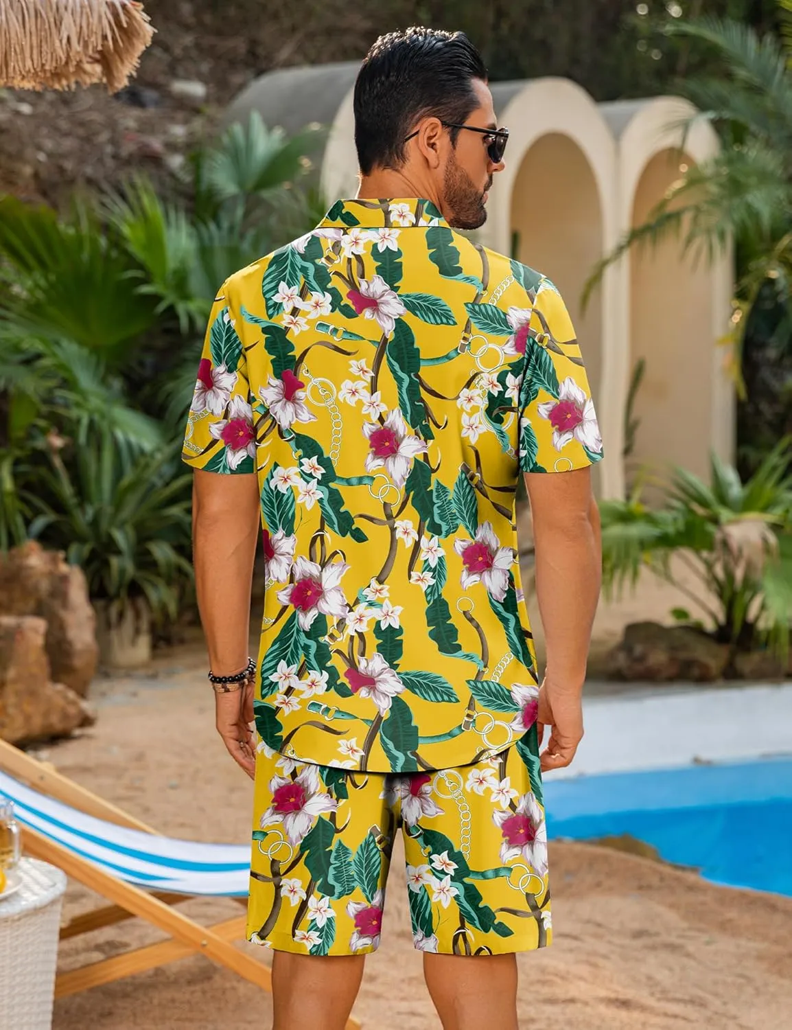LecGee Men's Hawaiian Shirt Set Summer Hawaii 2 Piece Beach Tropical Button up Top & Shorts Floral Short Sleeve Twin Set