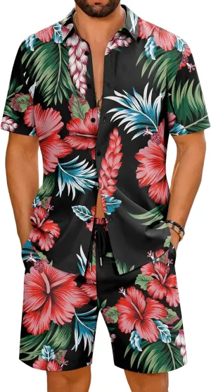 LecGee Men's Hawaiian Shirt Set Summer Hawaii 2 Piece Beach Tropical Button up Top & Shorts Floral Short Sleeve Twin Set