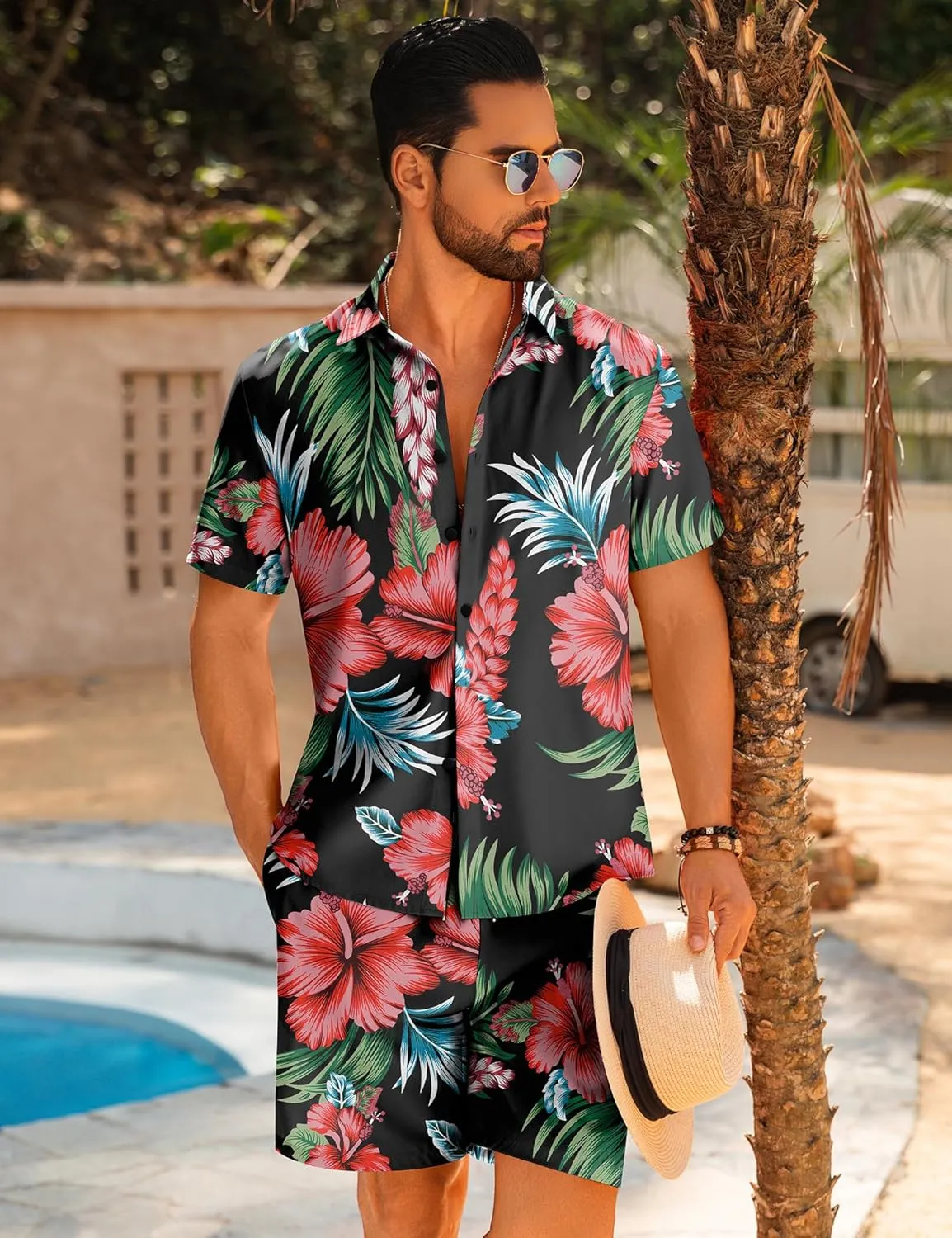LecGee Men's Hawaiian Shirt Set Summer Hawaii 2 Piece Beach Tropical Button up Top & Shorts Floral Short Sleeve Twin Set