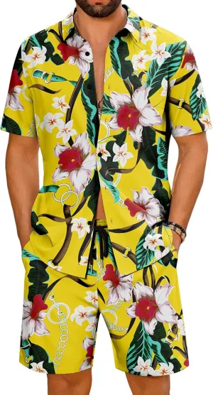 LecGee Men's Hawaiian Shirt Set Summer Hawaii 2 Piece Beach Tropical Button up Top & Shorts Floral Short Sleeve Twin Set