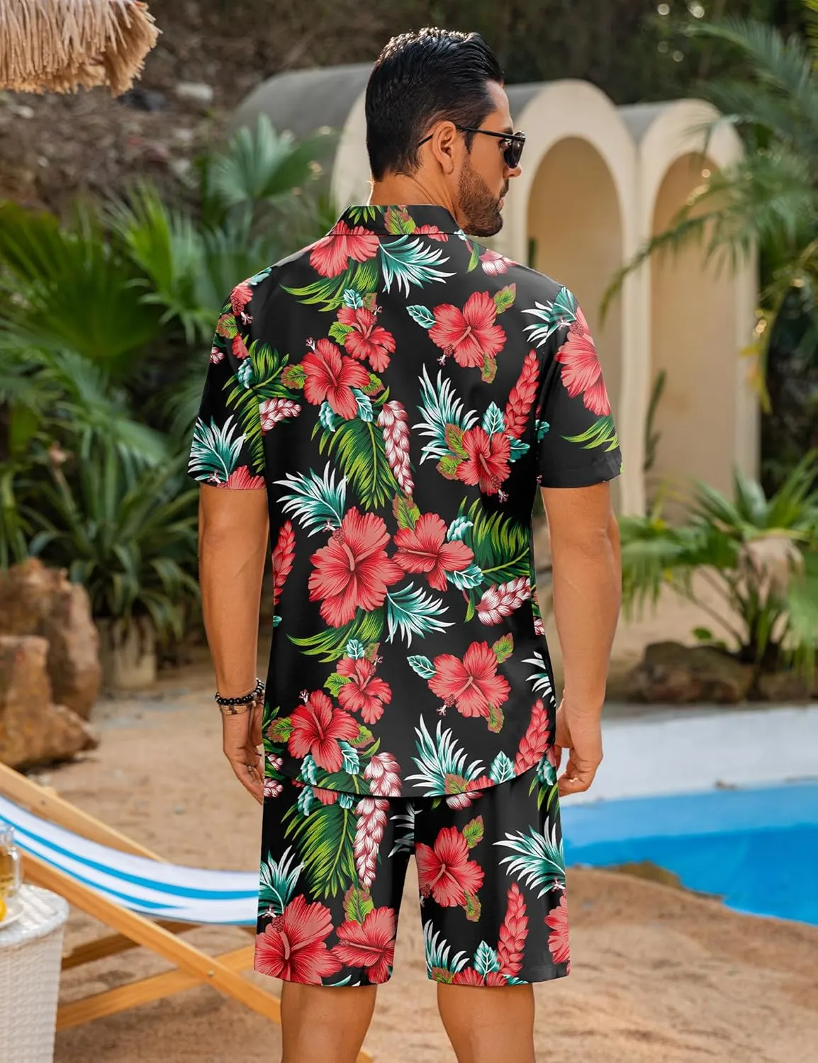 LecGee Men's Hawaiian Shirt Set Summer Hawaii 2 Piece Beach Tropical Button up Top & Shorts Floral Short Sleeve Twin Set