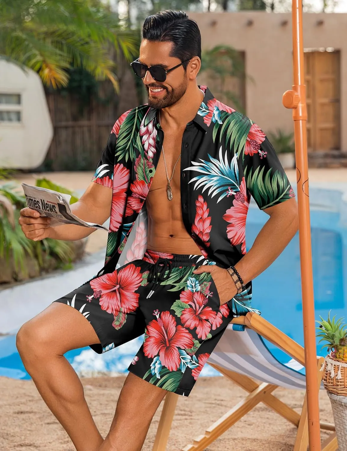 LecGee Men's Hawaiian Shirt Set Summer Hawaii 2 Piece Beach Tropical Button up Top & Shorts Floral Short Sleeve Twin Set