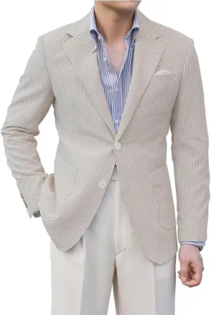 Leisure Seersucker Men Summer Suits Jacket Blue Formal Regular Fit Blazer Breathable Outfit