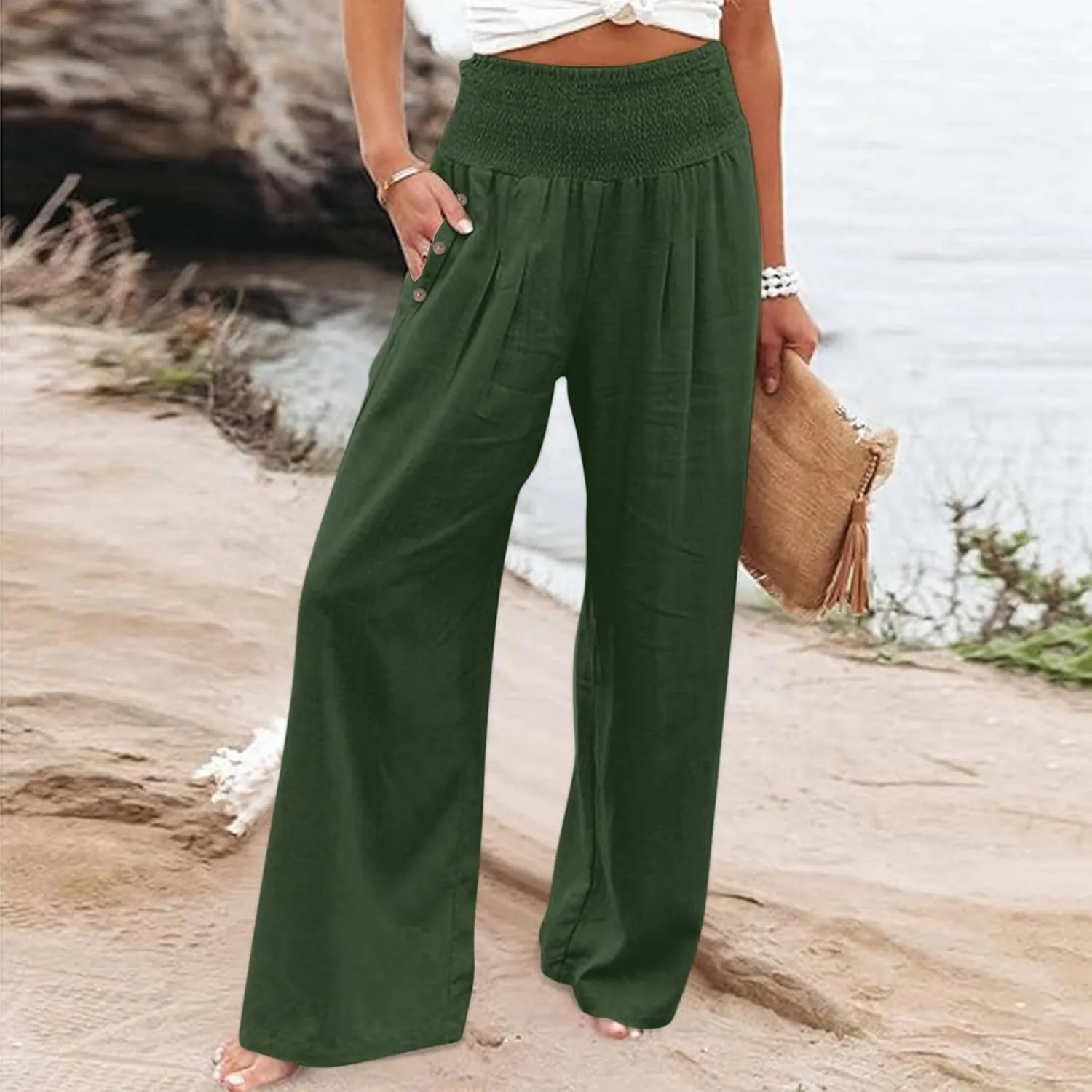 Linen Palazzo Pants for Women Summer Stretch Smocked Waist Lounge Trousers Flowy Beach Pants with Pockets