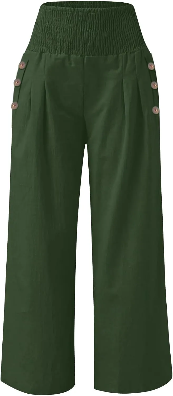 Linen Palazzo Pants for Women Summer Stretch Smocked Waist Lounge Trousers Flowy Beach Pants with Pockets