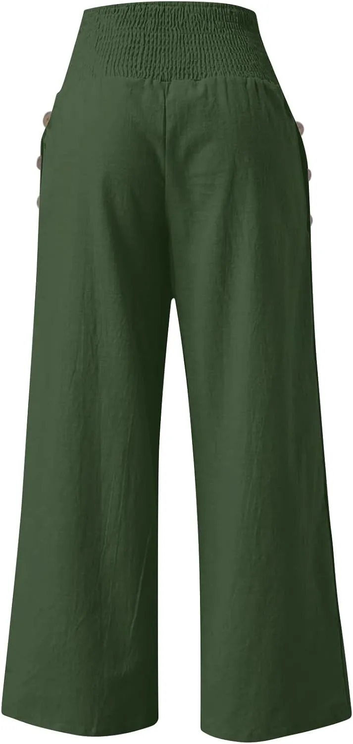 Linen Palazzo Pants for Women Summer Stretch Smocked Waist Lounge Trousers Flowy Beach Pants with Pockets