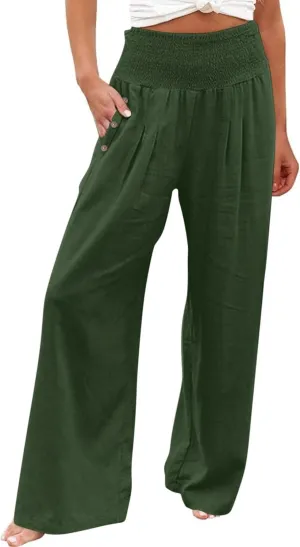 Linen Palazzo Pants for Women Summer Stretch Smocked Waist Lounge Trousers Flowy Beach Pants with Pockets