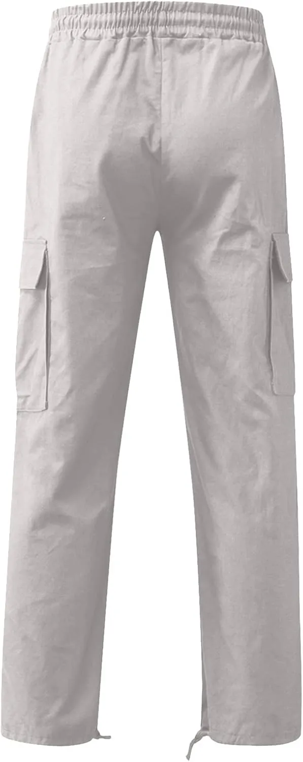 Linen Pants for Men Outdoor Fashion Multi Pockets Cotton Cargo Pants Classic Elastic Waist Solid Tactical Trouser