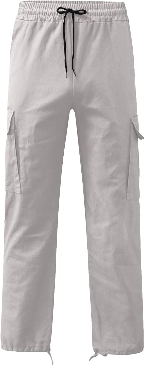 Linen Pants for Men Outdoor Fashion Multi Pockets Cotton Cargo Pants Classic Elastic Waist Solid Tactical Trouser