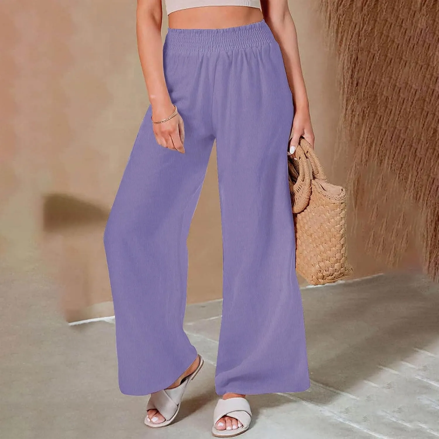 Linen Pants for Women Palazzo Wide Leg Elastic High Waisted Straight Wide Pant with Pockets Flared Trousers 2025