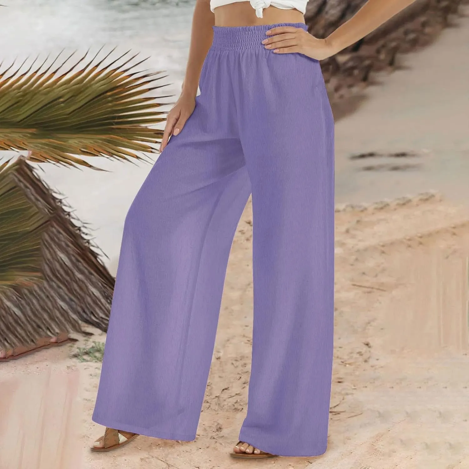 Linen Pants for Women Palazzo Wide Leg Elastic High Waisted Straight Wide Pant with Pockets Flared Trousers 2025
