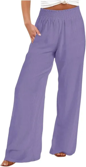 Linen Pants for Women Palazzo Wide Leg Elastic High Waisted Straight Wide Pant with Pockets Flared Trousers 2025