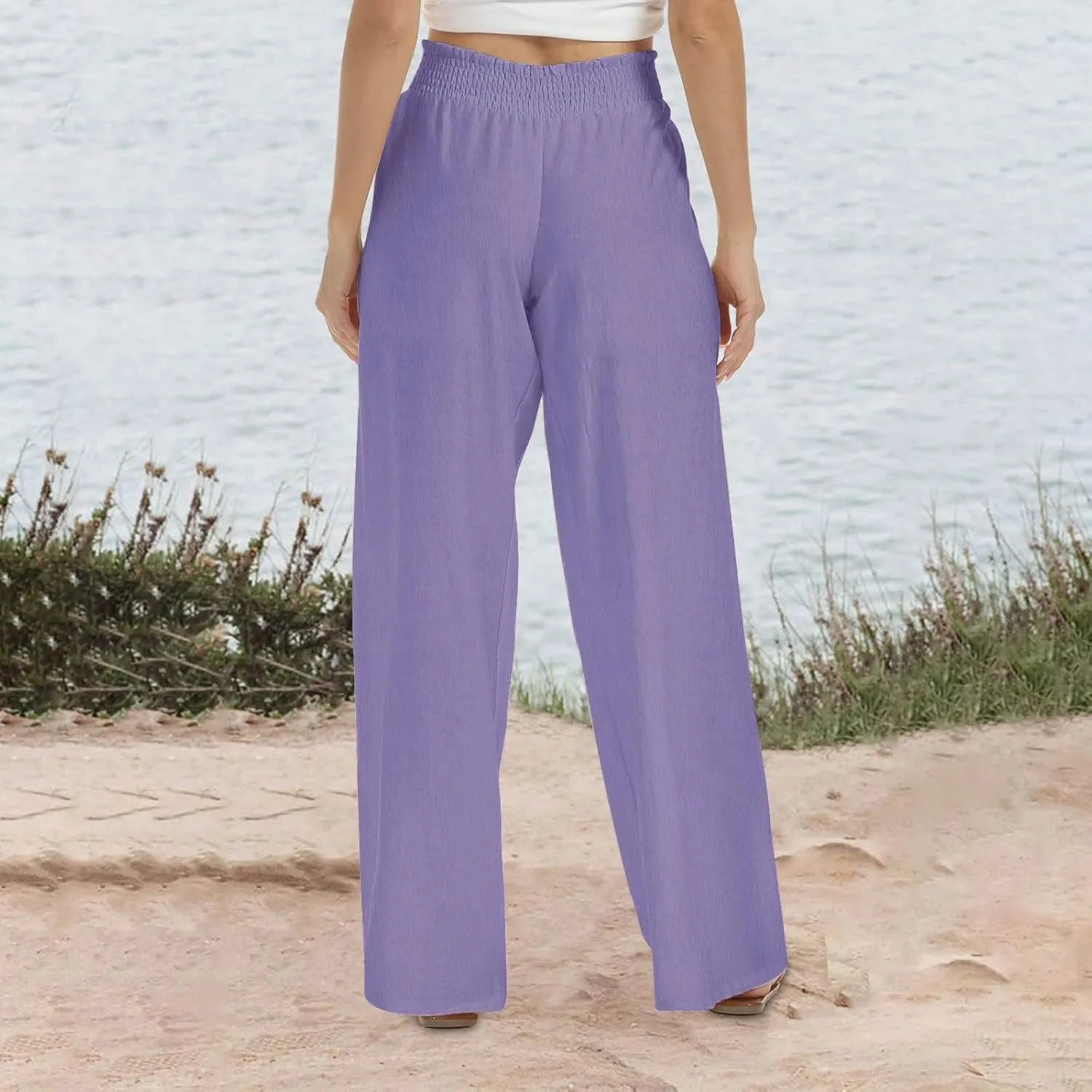 Linen Pants for Women Palazzo Wide Leg Elastic High Waisted Straight Wide Pant with Pockets Flared Trousers 2025