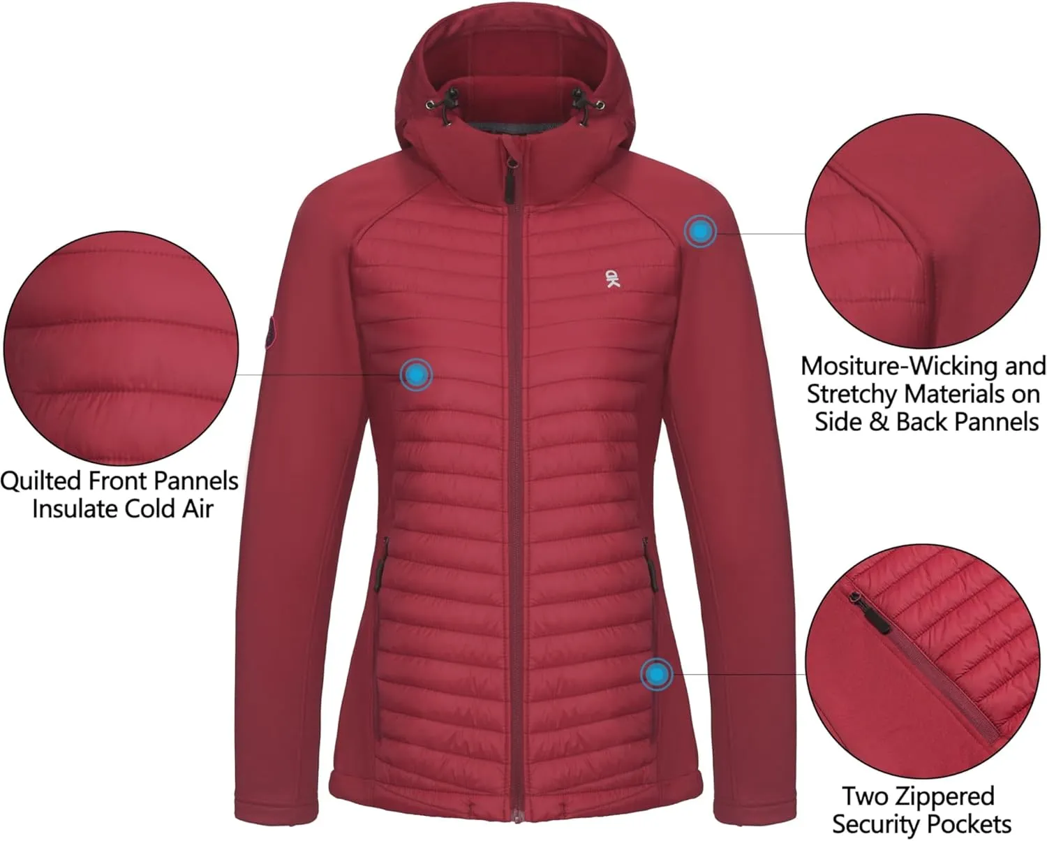 Little Donkey Andy Women's Insulated Hiking Jacket, Thermal Running Hybrid Jacket, Lightweight Breathable and Warm