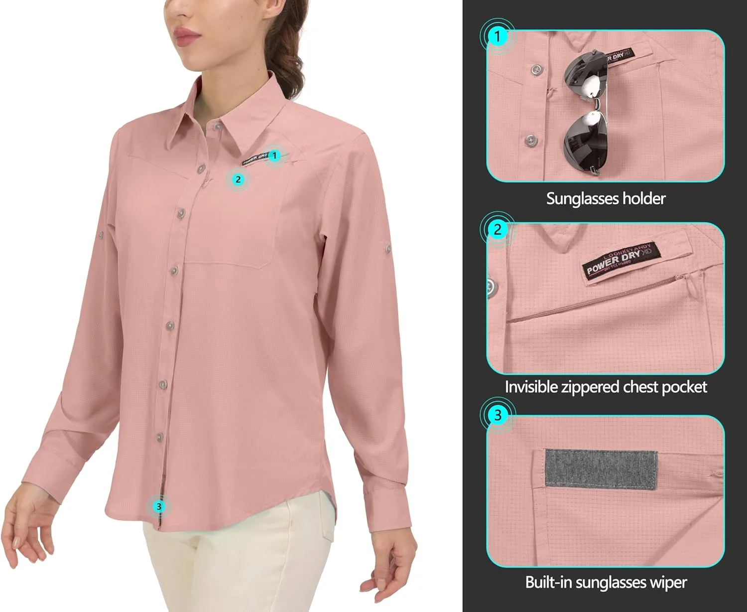 Little Donkey Andy Women's UPF 50 UV Protection Shirt, Breathable Long Sleeve Fishing Hiking Shirts, Quick Dry