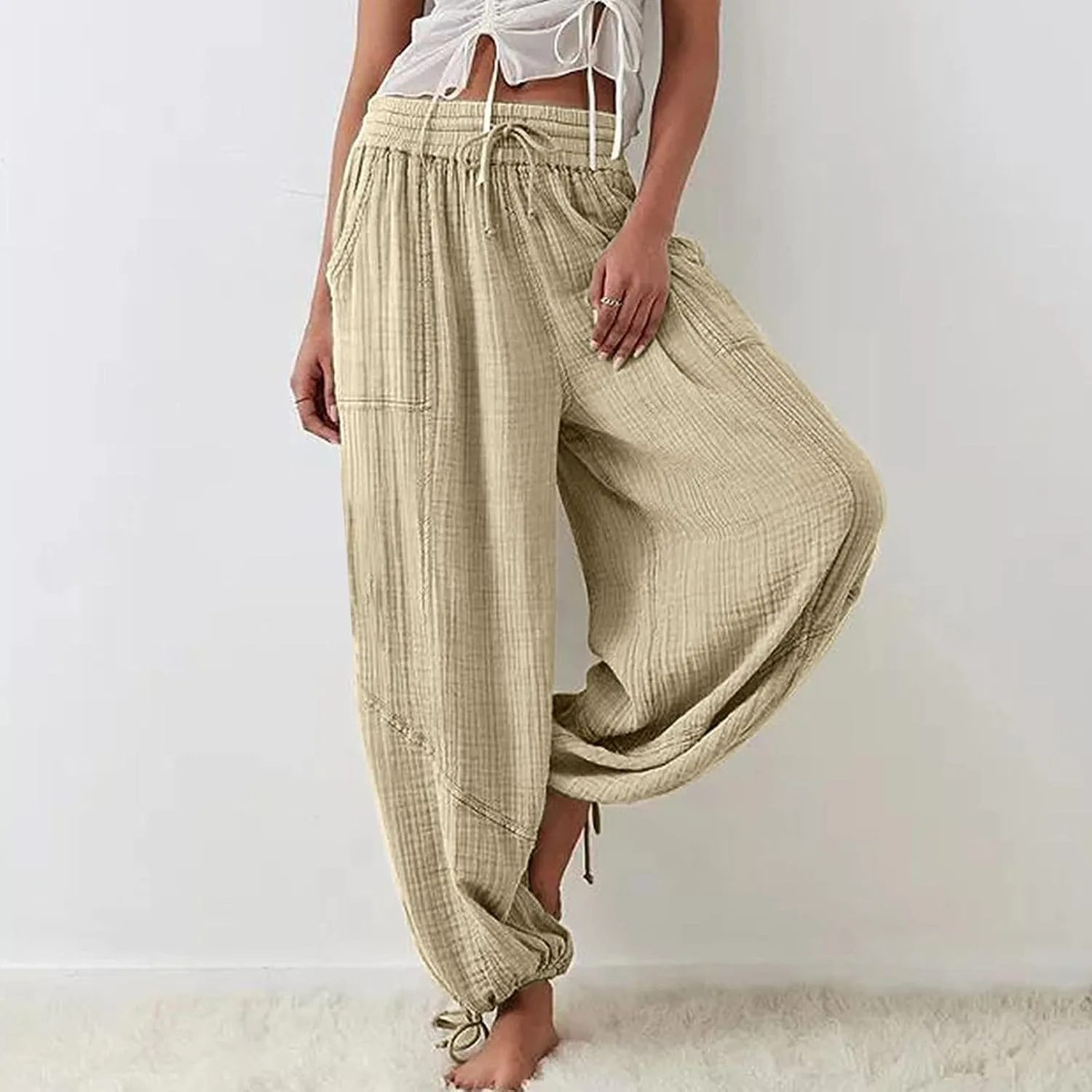 LOAIHA Women's Wide Leg Baggy Pants Drawstring Elastic Waist Harem Pants Casual Palazzo Lounge Trousers with Pockets