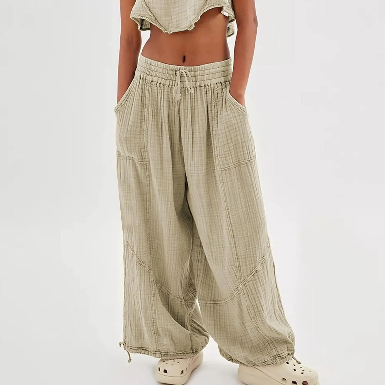 LOAIHA Women's Wide Leg Baggy Pants Drawstring Elastic Waist Harem Pants Casual Palazzo Lounge Trousers with Pockets