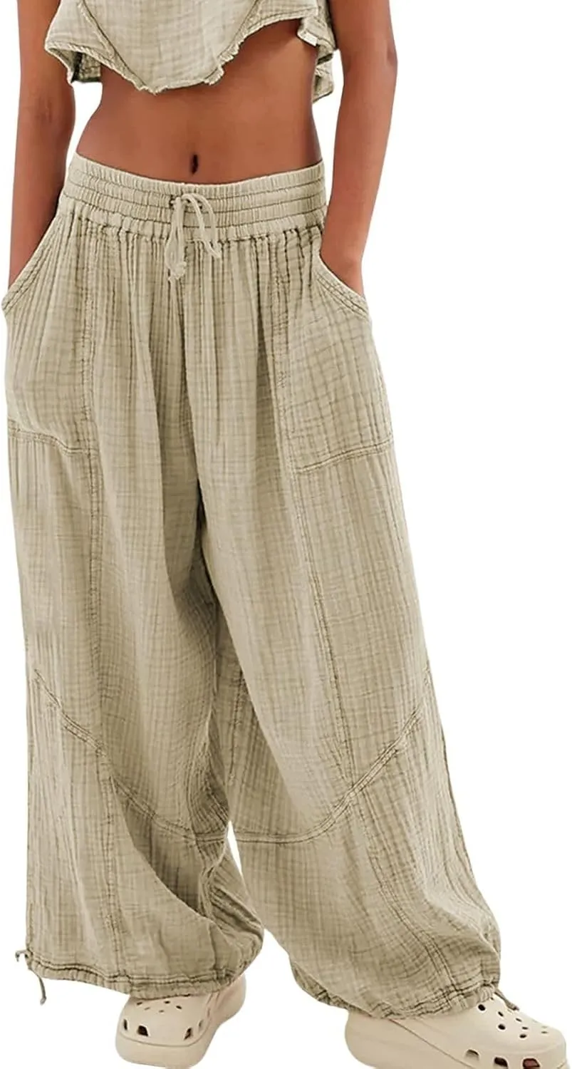 LOAIHA Women's Wide Leg Baggy Pants Drawstring Elastic Waist Harem Pants Casual Palazzo Lounge Trousers with Pockets