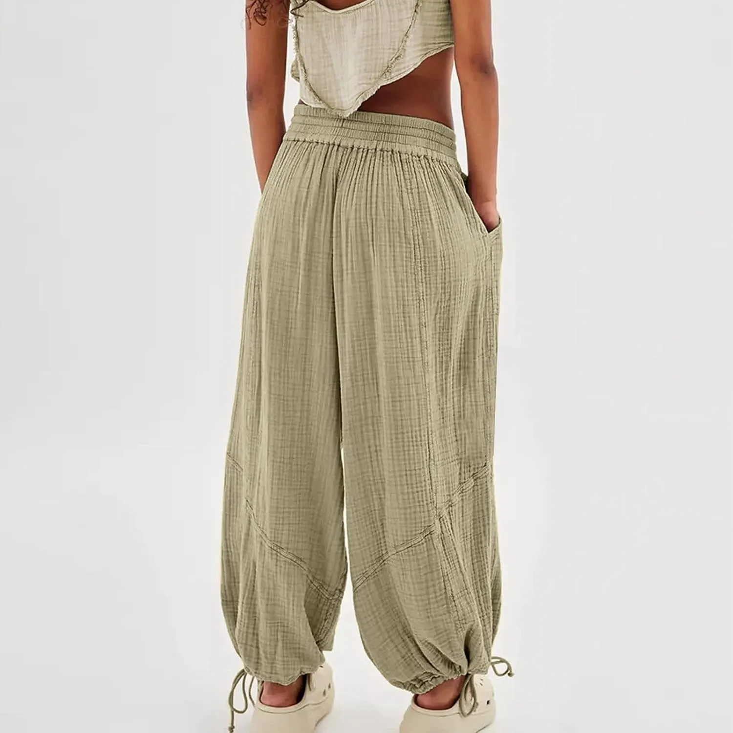 LOAIHA Women's Wide Leg Baggy Pants Drawstring Elastic Waist Harem Pants Casual Palazzo Lounge Trousers with Pockets