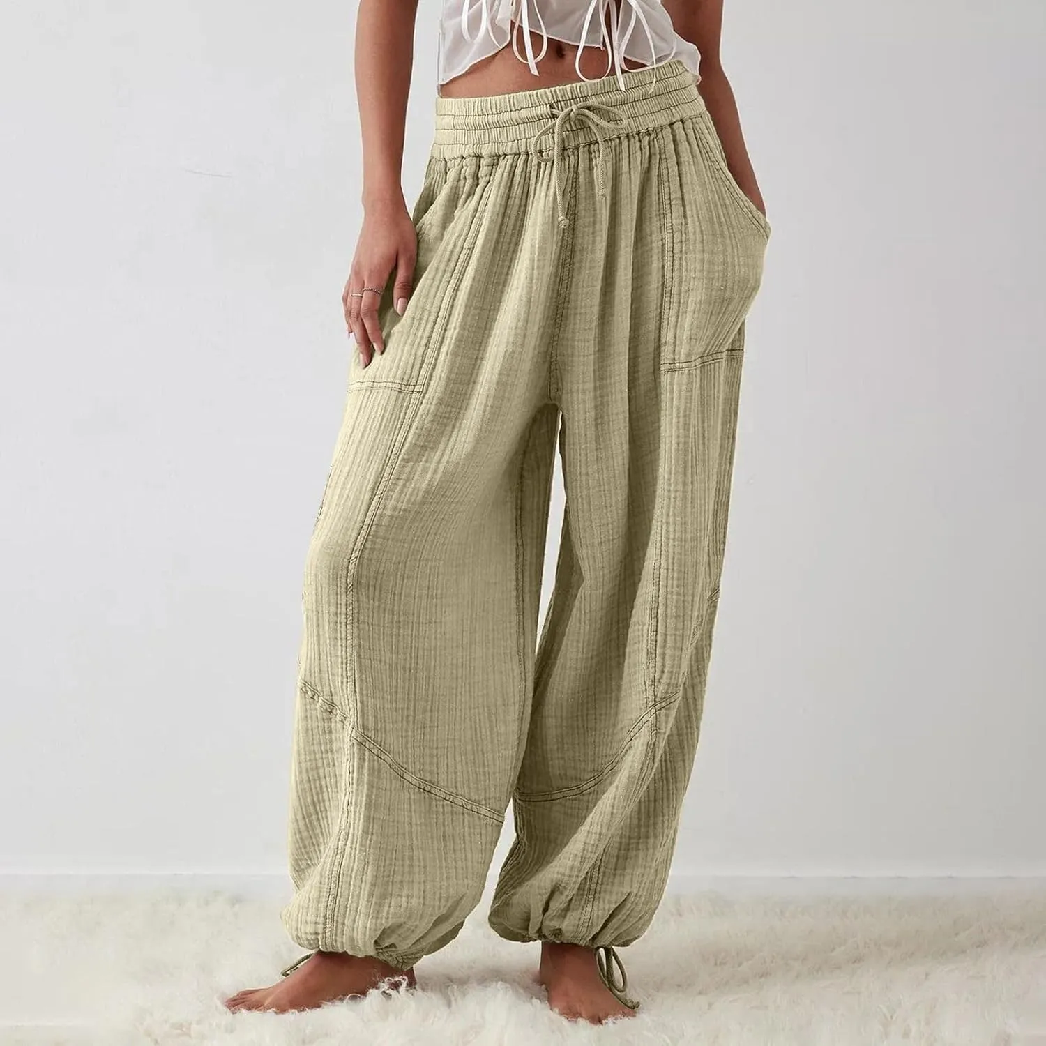LOAIHA Women's Wide Leg Baggy Pants Drawstring Elastic Waist Harem Pants Casual Palazzo Lounge Trousers with Pockets